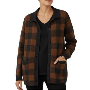 J.Crew Buffalo Plaid Merino Wool Button Up Cardigan Sweater Brown Black Size S